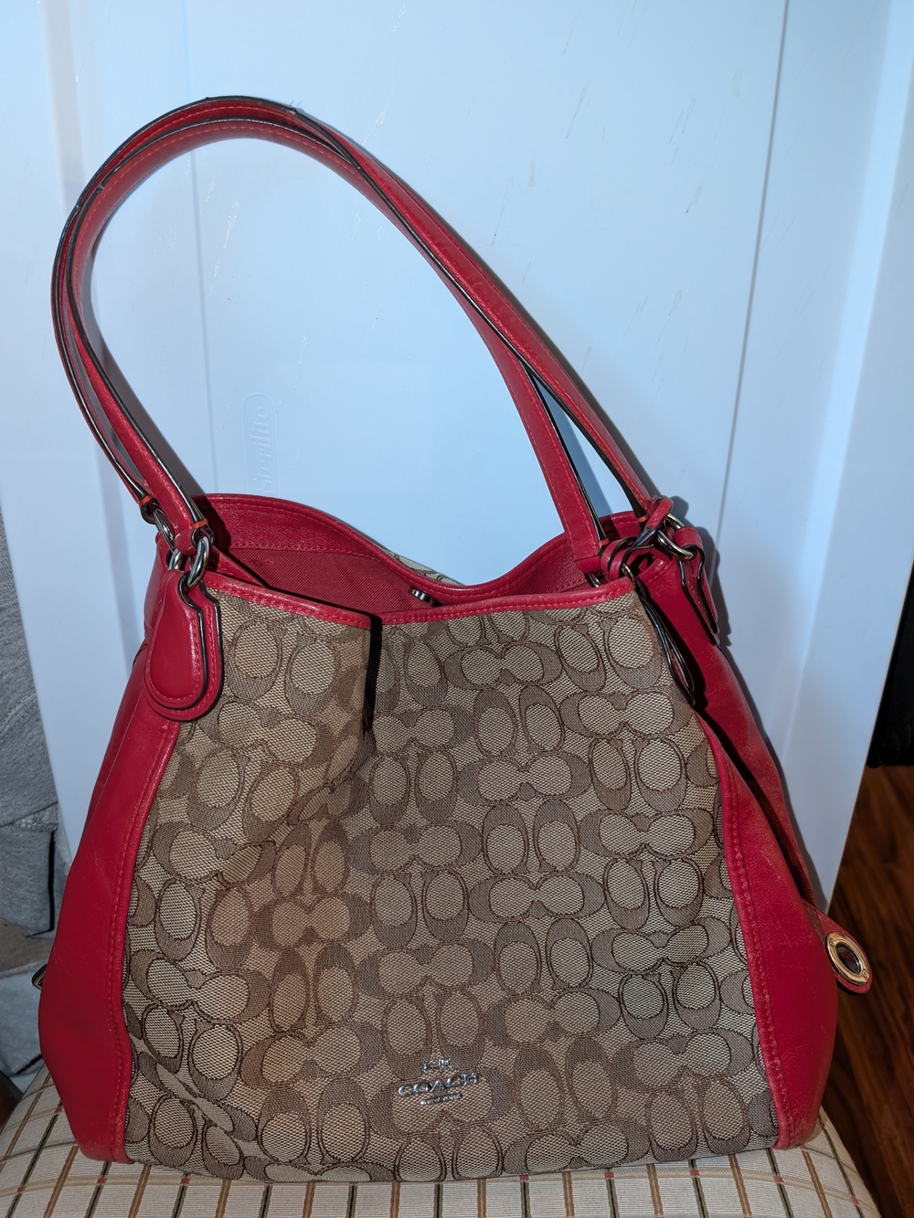 Coach Brown Signature Jacquard Shoulder Bag with Red Leather Trim